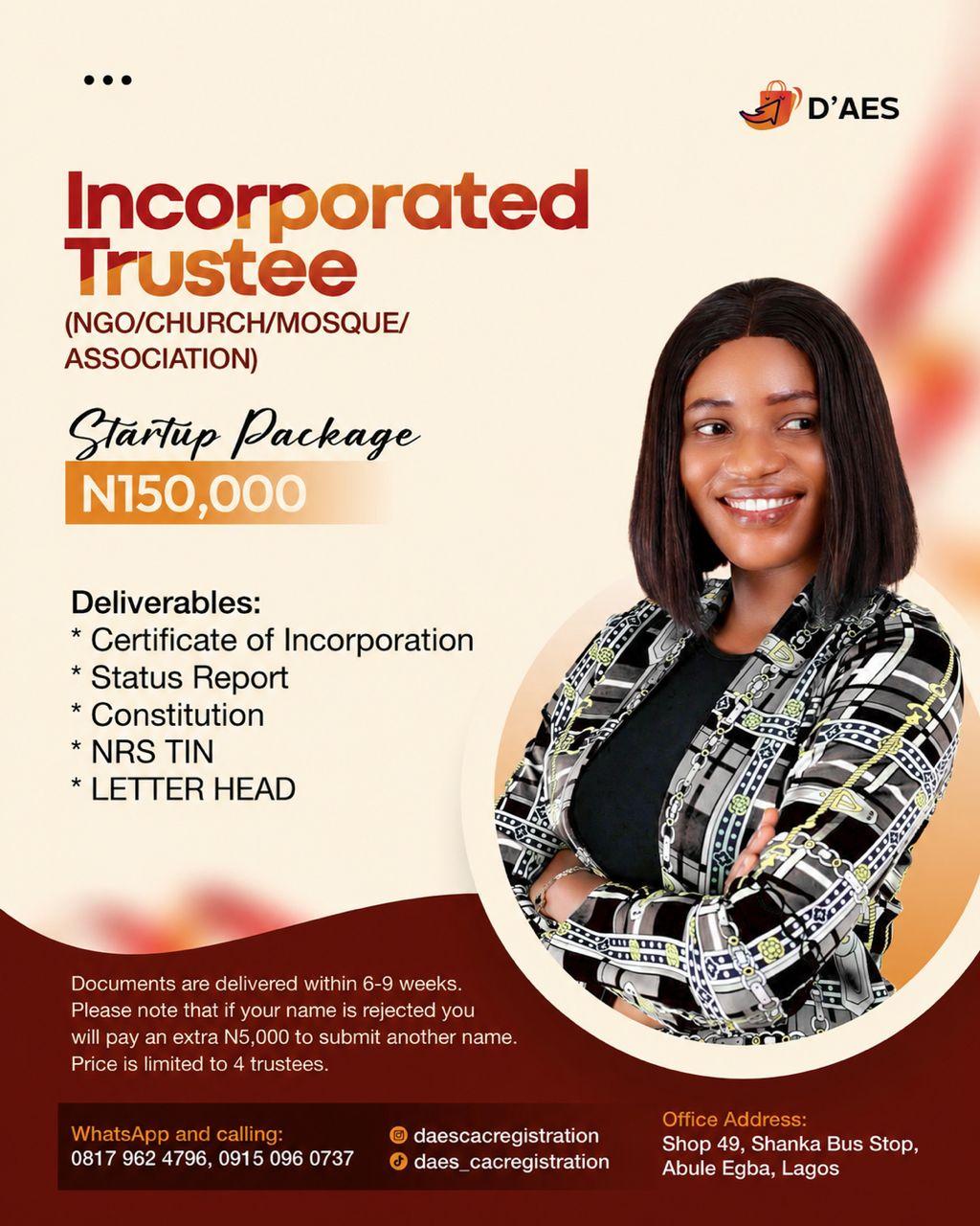DAES Incorporated Trustee Startup Package flyer — ₦150,000
