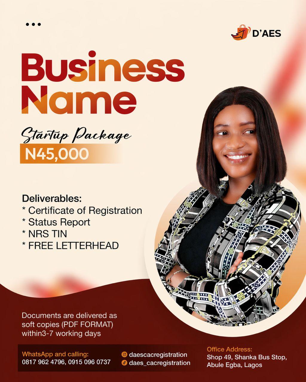 DAES Business Name Startup Package flyer — ₦45,000