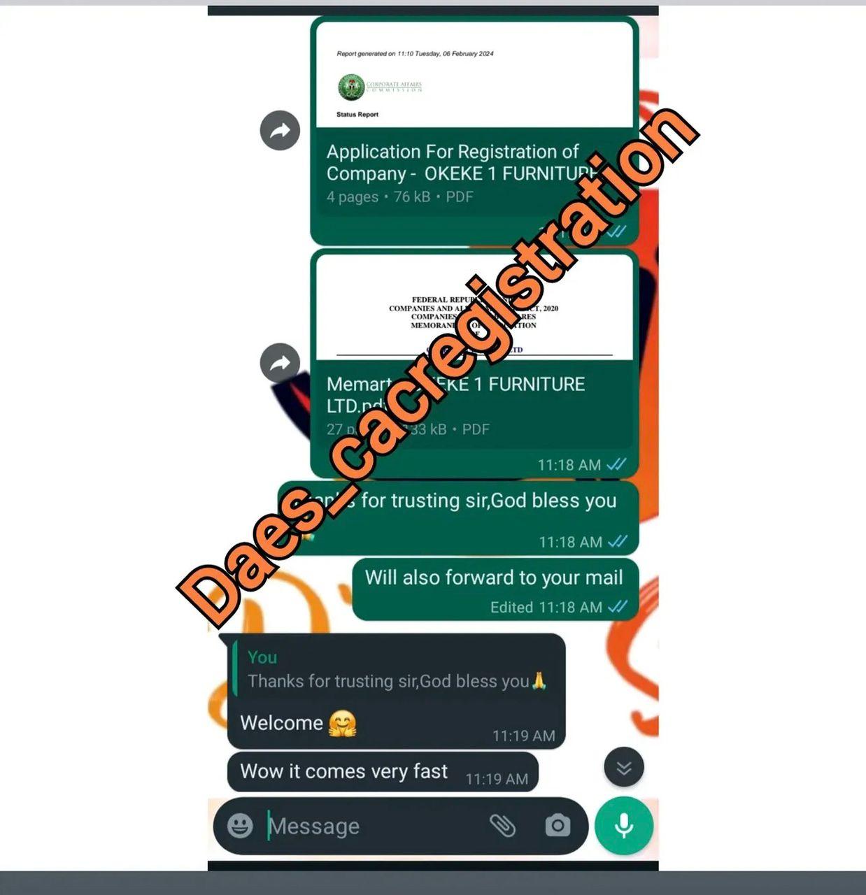 WhatsApp review — Okeke 1 Furniture Ltd
